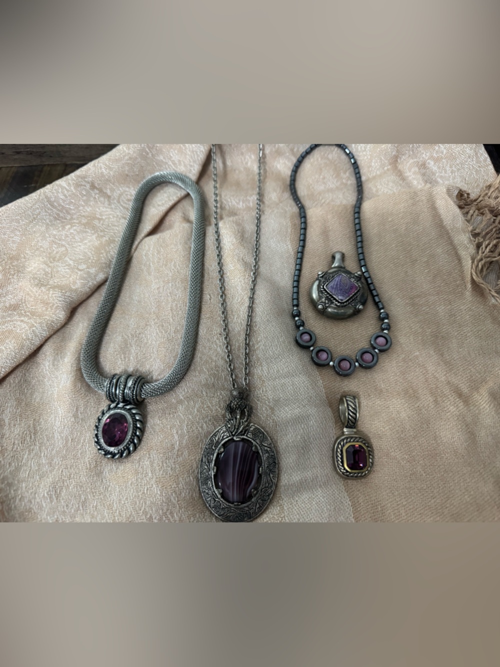 Estate style purple & silver jewelry bundle Victorian revival pendants, hematite